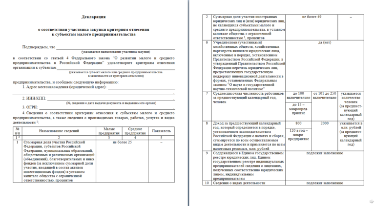 Декларация о принадлежности к мсп образец